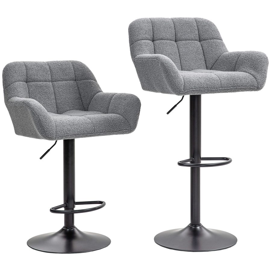 HOMCOM 2er-Set Barhocker Barstuhl Höhenverstellbar Küchenstühle 360° Drehstuhl Bistrohocker mit Fleece-Optik, Lehne und Fußstütze für Bartheke Küche Esszimmer Grau 57,5 x 52,5 x 93-114 cm   Aosom von HOMCOM