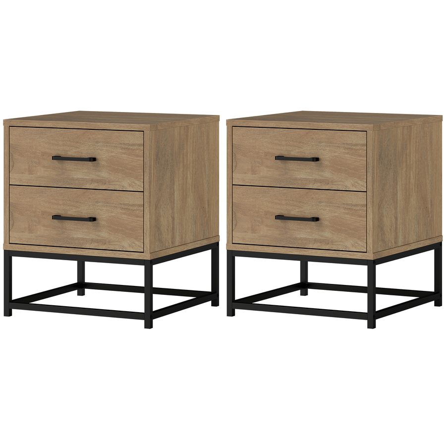 HOMCOM Set mit 2 Nachttischen Nachtkästchen mit 2 Schubladen, Beistelltisch im industriellen Stil für Schlafzimmer, Wohnzimmer, Maße 40 x 39,5 x 48 cm Naturholz-Finish   Aosom von HOMCOM