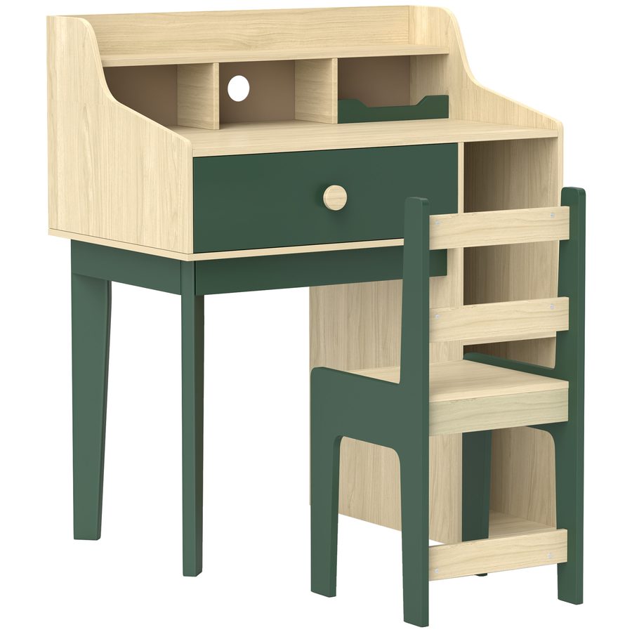 AIYAPLAY Kinder Schreibtisch und Stuhl Set für Kinder von 3 bis 10 Jahren, Schreibtisch für Jungen und Mädchen mit Stuhl, Regale und Schublade, Kindertisch mit Stuhl zum Lernen und Arbeiten, Naturholz und Grün   Aosom von AIYAPLAY