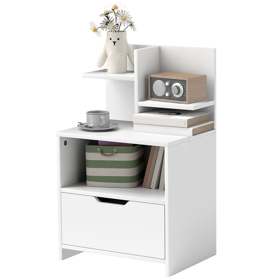 HOMCOM Nachttisch Beistelltisch mit Schublade, Nische und Regalen in Holzoptik - 45 x 35 x 73 cm Weiß   Aosom von HOMCOM