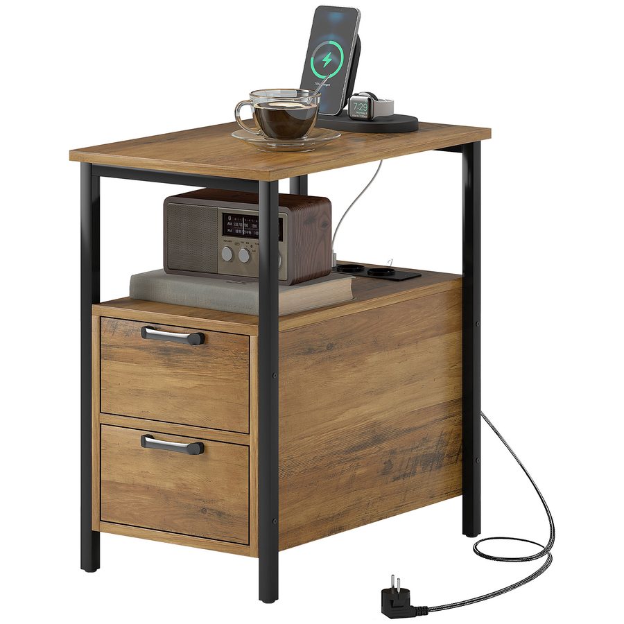 HOMCOM Beistelltisch, Nachttisch, mit 2 Steckdosen, USB-Anschluss, Typ C, 2 Schubladen und Regal, 143 cm Kabel, Metallrahmen, Naturholz   Aosom von HOMCOM