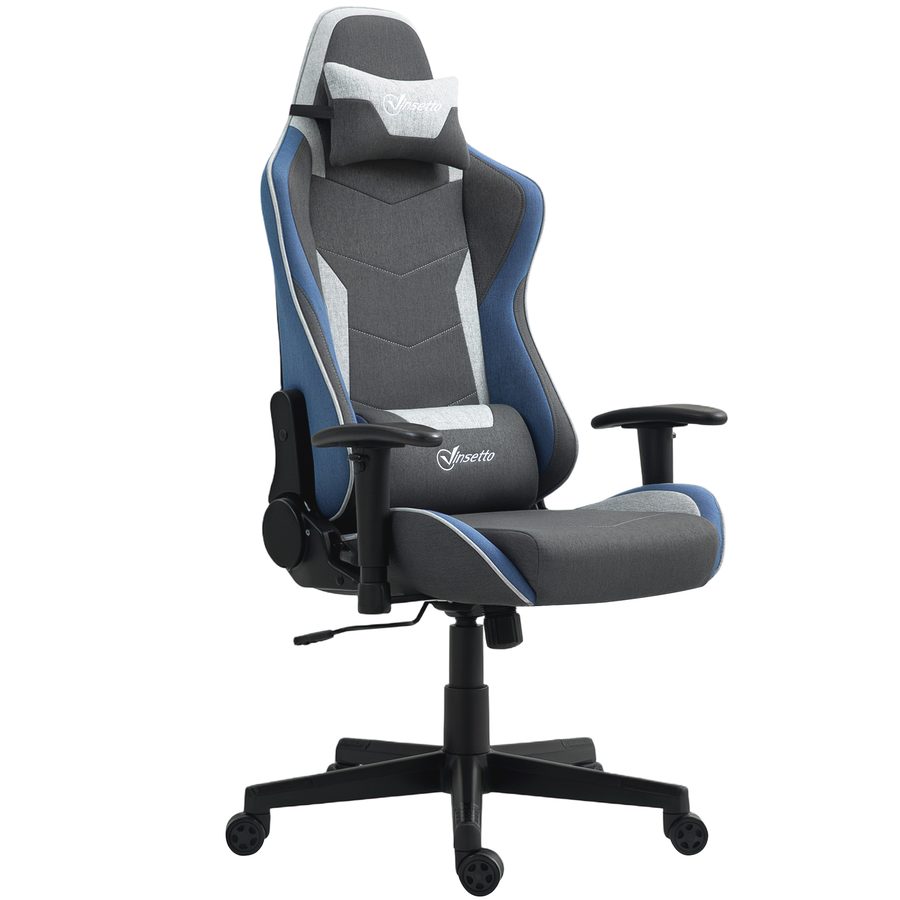 Vinsetto Ergonomischer Gaming-Stuhl mit Armlehnen, Kopfstütze und Höhenverstellung, Rezeptron-Gaming-Sessel, Liegestuhl im Leinen-Stoff mit Wippfunktion, Lordosenstütze, Blau   Aosom von Vinsetto