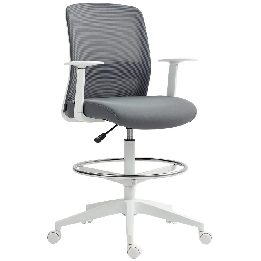 HOMCOM Bürostuhl Ergonomischer Schreibtischstuhl mit Armlehnen und Fußring, Höhenverstellbarer Zeichenstuhl Drehstuhl mit Netzbespannung Grau   Aosom von HOMCOM