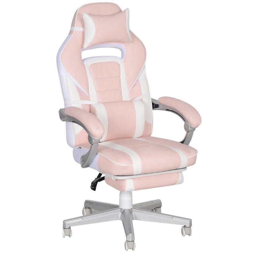 HOMCOM Gamingstuhl mit Fußstütze, höhenverstellbar Schreibtischstuhl mit Kopf- und Lendenkissen, drehbar Gaming Sessel mit neigbare Rückenlehne, Kunstleder, bis 120 kg, Rosa   Aosom von HOMCOM
