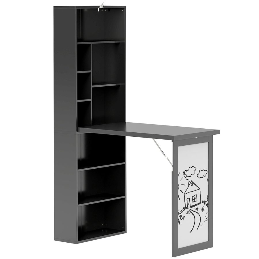 HOMCOM Schreibtisch mit Regal und weißer Tafel, platzsparender Klapptisch aus Kiefernholz, verstellbares Fach, 9 offene Fächer, Arbeitstisch für Büro und Studium, 98x51x153 cm, Schwarz   Aosom von HOMCOM