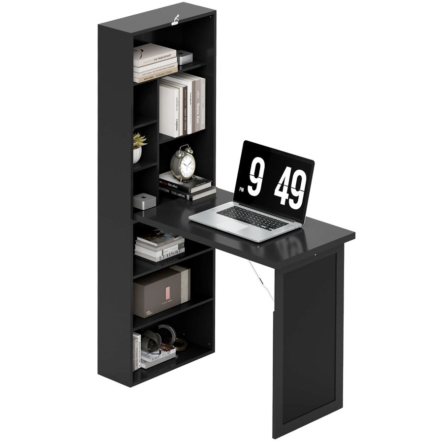 HOMCOM Schreibtisch mit Regal und Tafel, Platzsparender Schreibtisch mit klappbarer Pinienholzplatte und verstellbaren Regalen, für Jugendzimmer, Arbeitszimmer, Büro, 98x51x153 cm, Schwarz   Aosom von HOMCOM