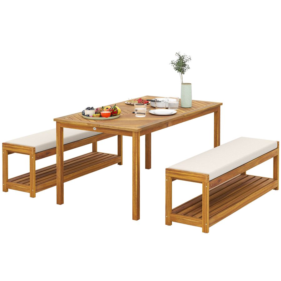 Outsunny 3 tlg. Gartenmöbel-Set Akazienholz Sitzgarnitur inkl. 1 Esstisch mit Schirmloch, 2 Bänke, Balkonmöbel-Set, Gartengarnitur für Balkon, Terrasse, Teak   Aosom von Outsunny