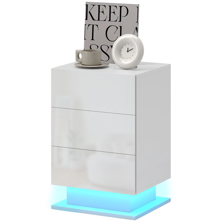 HOMCOM Nachttisch Modern mit LED-Licht und 3 Schubladen, Einstellbare Farblichter mit Fernbedienung, Beistelltisch und Couchtisch, 40x35x60 cm, Glänzendes Weiß   Aosom von HOMCOM