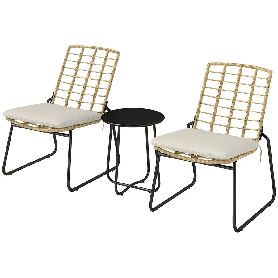 Outsunny Rattan Gartenmöbel Set, Balkonmöbel Set für 2 Personen 3-teilig Outdoor Sitzgruppe mit 2 stapelbar Stühle, Tisch Kissen wetterfest Garten Lounge für Terrasse Balkon, Beige & Braun   Aosom von Outsunny