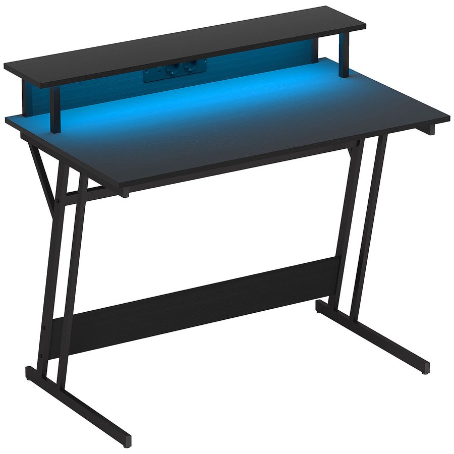 HOMCOM Gaming-Tisch mit LED-Beleuchtung, 100x60 cm, Gaming-Schreibtisch, Tisch mit Steckdosen, Monitorhalterung, Ablagen und Fernbedienung, für Büro, Arbeitszimmer, Schwarz   Aosom von HOMCOM