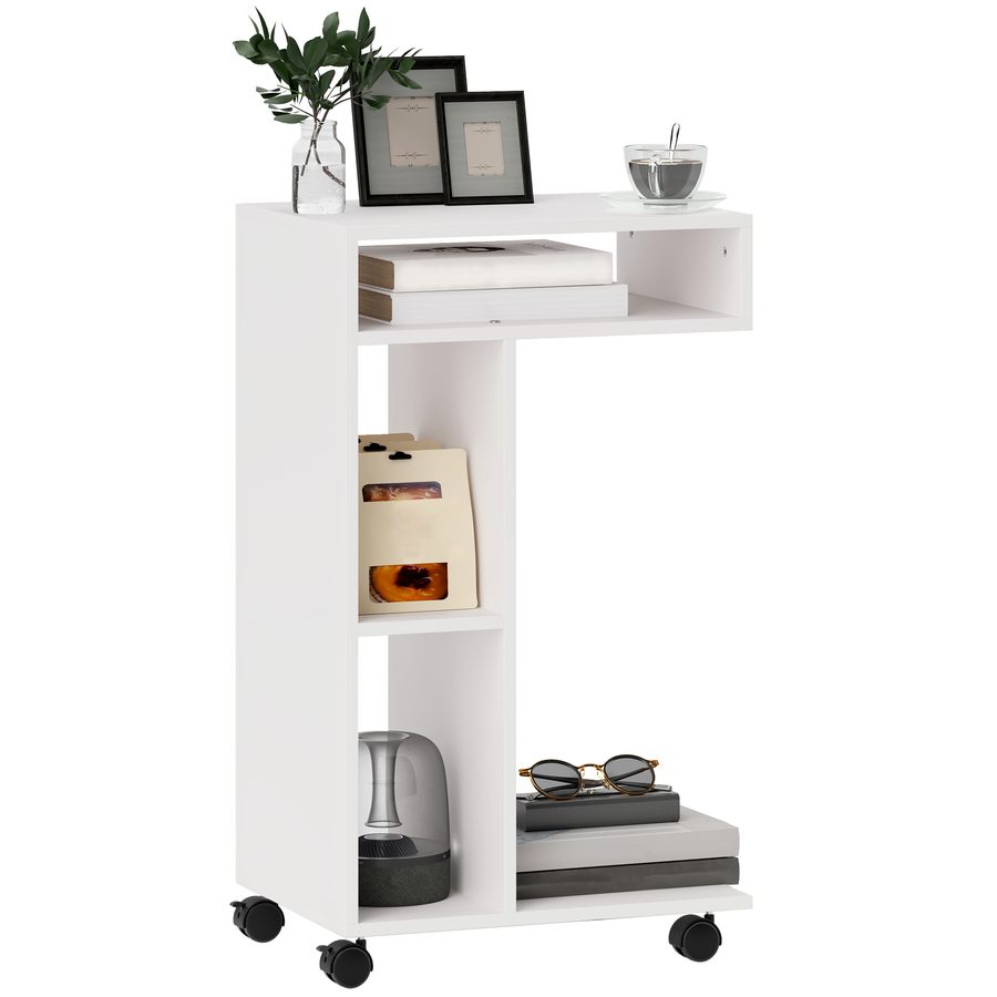 HOMCOM Beistelltisch Couchtisch mit Rollen, Schreibtisch mit 4 Regalen, Sofatisch Laptoptisch, Betttisch, für Esszimmer Wohnzimmer, Weiß   Aosom von HOMCOM