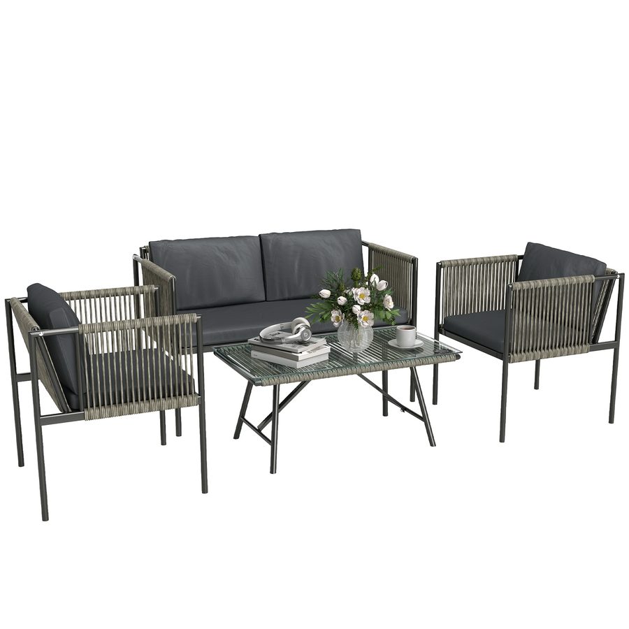 Outsunny Gartenmöbel Set aus Polyrattan Lounge-Set mit 2er Sofa Sessel Glastisch Kissen wetterfest Balkonmöbel für 4 Personen Outdoor Sitzgruppe Terrassenmöbel für Garten Balkon Grau   Aosom von Outsunny