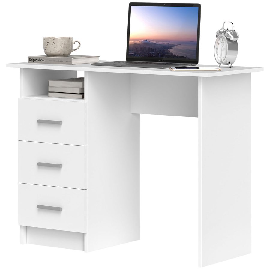 HOMCOM Schreibtisch mit 3 Schubladen und offenem Regal, Holzschreibtisch für Büro, Studium und Schlafzimmer, 100x40x75 cm, Weiß   Aosom von HOMCOM