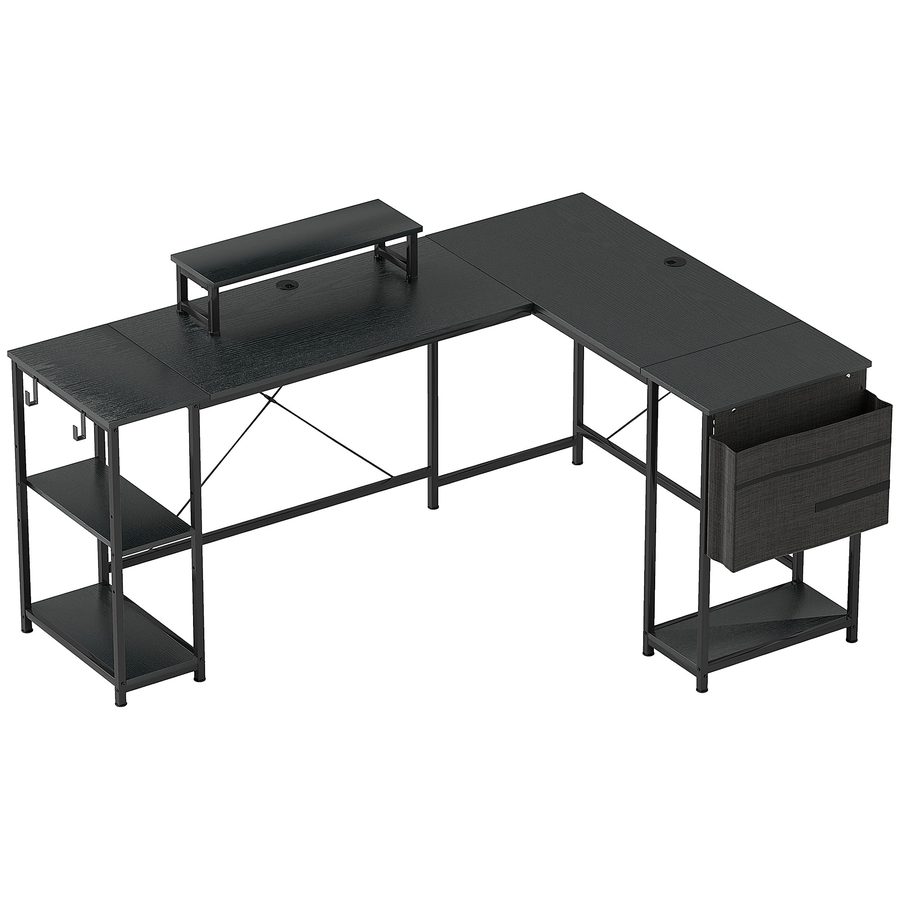HOMCOM Wendbarer Eckschreibtisch, modular 168–240 cm, Industrie-Design – verstellbares Regal, Aufbewahrungstasche, Monitorhalter, Schreibtisch für 2 Personen, schwarz   Aosom von HOMCOM