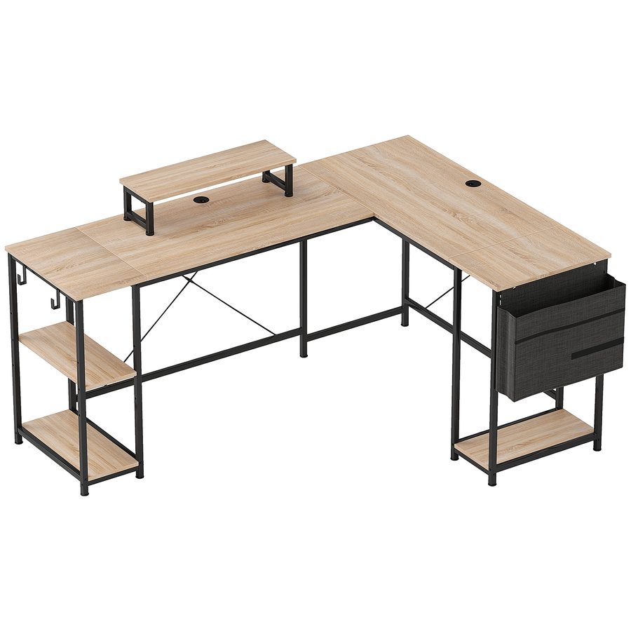 HOMCOM Schreibtisch L Form mit Regal, Computertisch mit Monitorständer & 2 Haken Umkehrbarer Gaming Tisch Eckschreibtisch für Büro, Schlafzimmer, 168 x 120 x 90 cm, Naturholz   Aosom von HOMCOM