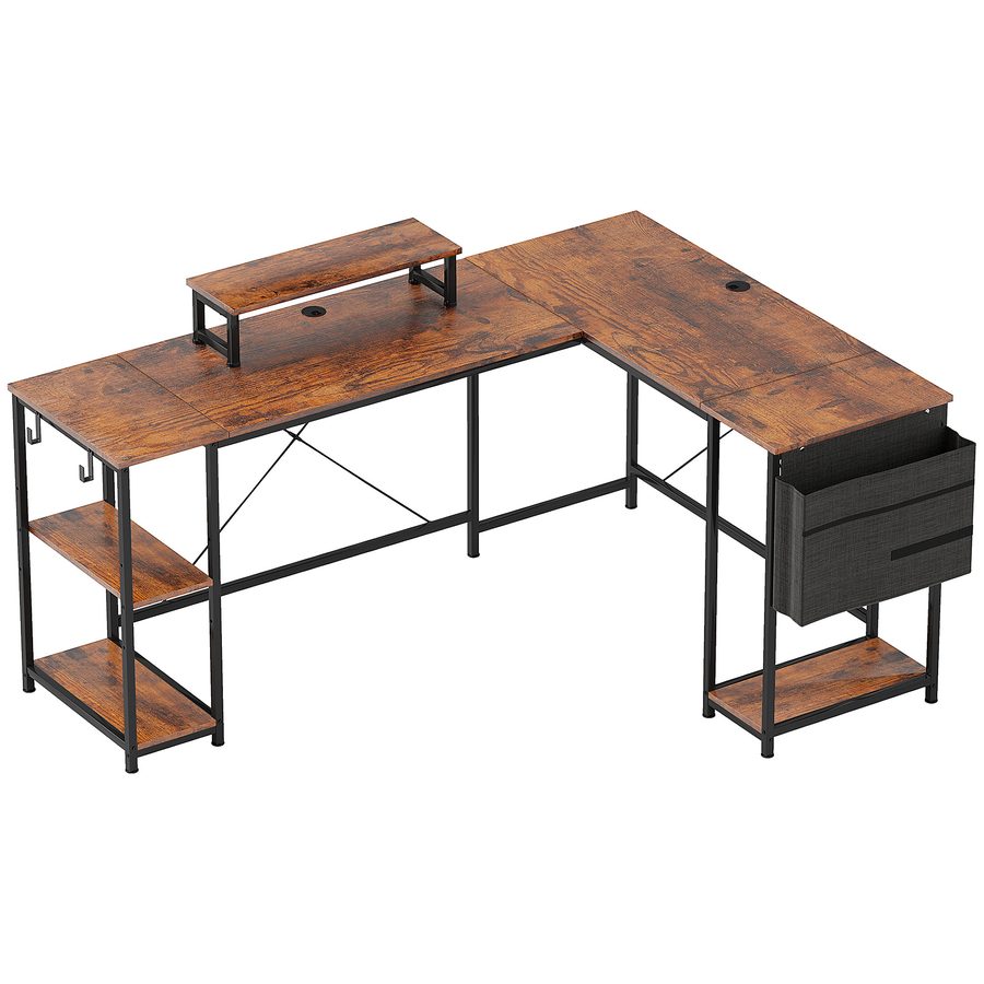 HOMCOM L-förmiger Schreibtisch 168 x 120 cm Eckschreibtisch mit Ablagefächern, Aufbewahrungstasche Umkehrbar Computertisch mit Monitorständer GamingTisch für Büro, Heimbüro, Rustikal-Braun   Aosom von HOMCOM