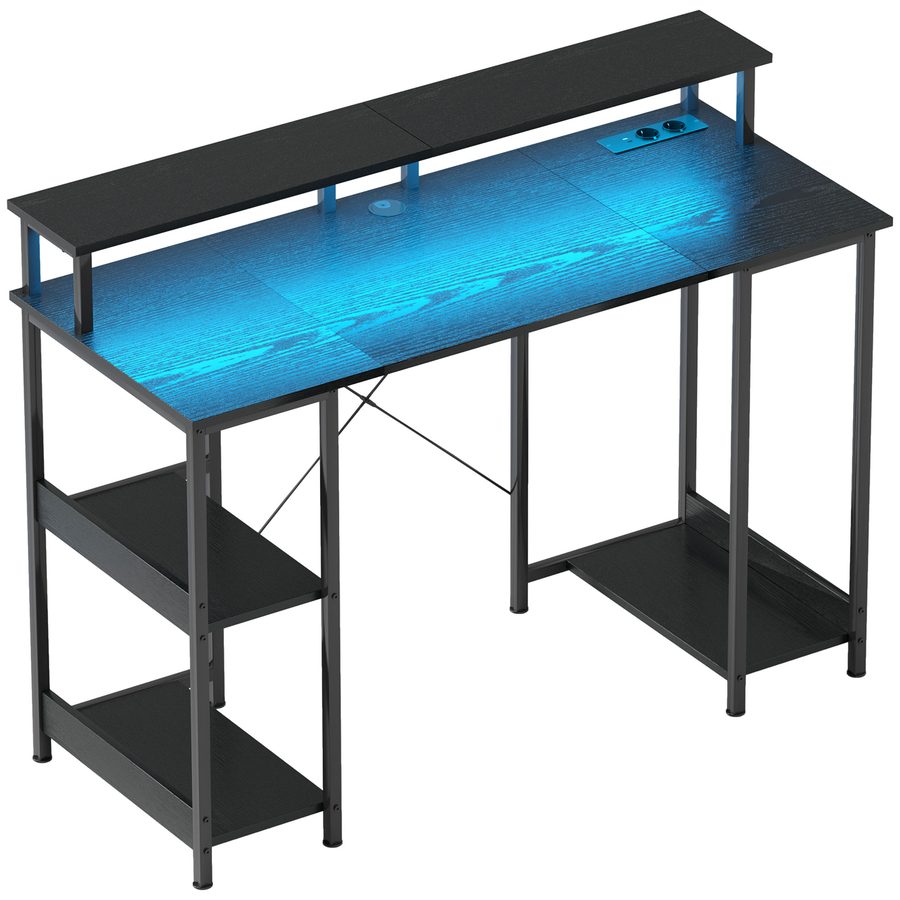 HOMCOM Computerschreibtisch mit reversiblen Regalen, 120x50 cm Büroschreibtisch mit Steckdosen und LED-Lichtern, PC-Tisch mit doppeltem Monitorständer, Schwarz   Aosom von HOMCOM