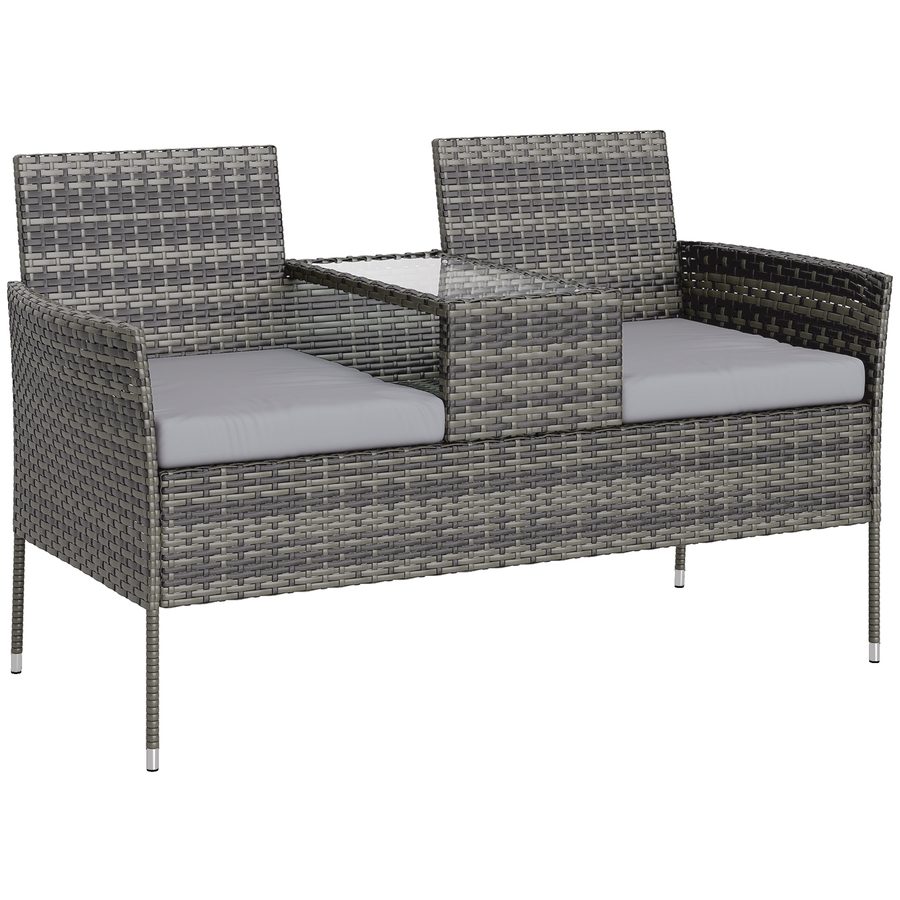 Outsunny Gartenbank für 2 Personen aus Rattan und Stahl, Außenbank mit Kissen und mittlerem Couchtisch aus gehärtetem Glas, 135x64x81 cm, Dunkelgrau   Aosom von Outsunny