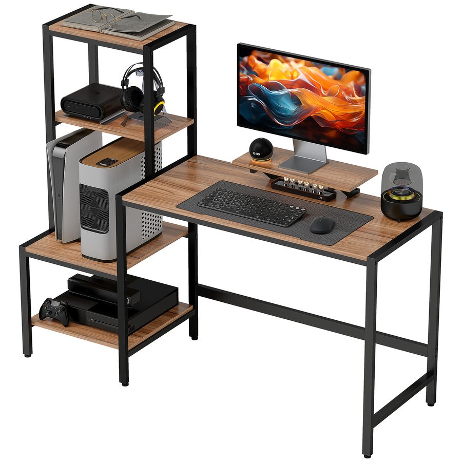 HOMCOM Schreibtisch Computertisch mit Monitorständer, CPU-Ständer, Bürotisch mit Druckerablage, PC Tisch mit 4 Regalen, Modern-Design für Home Office, 150 x 48 x 125 cm, Braun   Aosom von HOMCOM