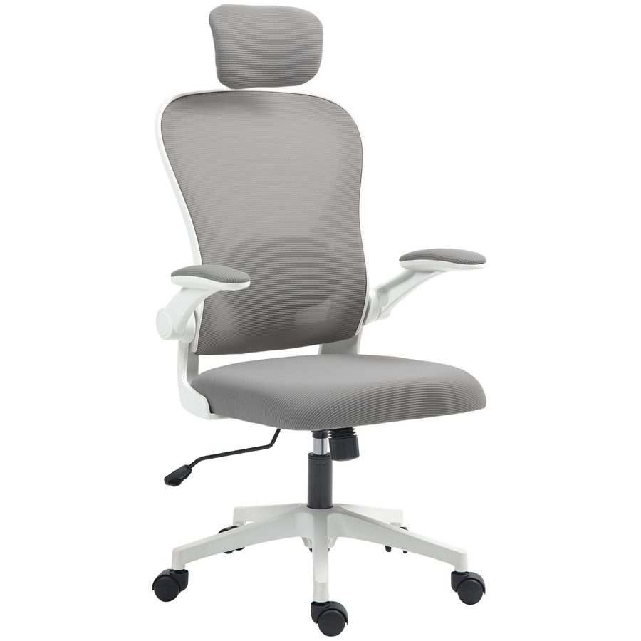HOMCOM Bürostuhl Ergonomischer Schreibtischstuhl mit Hochklappbaren Armlehnen, Verstellbarer Lendenwirbelstütze, Kopfteil, Höhenverstellbarer Drehstuhl mit Wippfunktion, Netzbespannung Grau   Aosom von HOMCOM