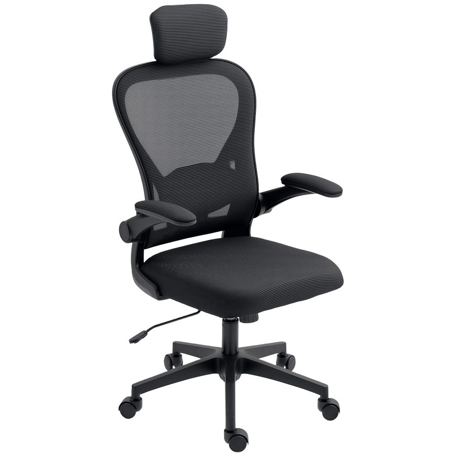 HOMCOM Bürostuhl Ergonomischer Schreibtischstuhl mit Hochklappbaren Armlehnen, Verstellbarer Lendenwirbelstütze, Kopfteil, Höhenverstellbarer Drehstuhl mit Wippfunktion, Netzbespannung Schwarz   Aosom von HOMCOM