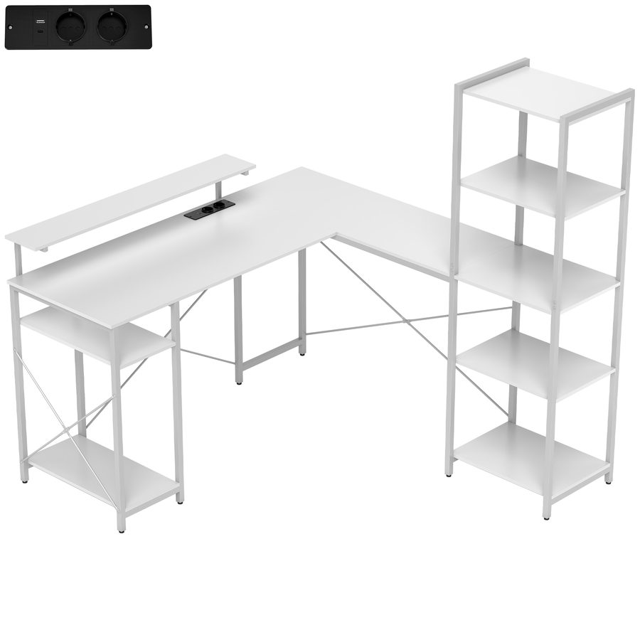 HOMCOM Schreibtisch Gaming Tisch L Form mit Regal, Computertisch mit Monitorständer, Steckdose, USB-Ladeanschluss Eckschreibtisch für Heimbüro, Schlafzimmer, 137 x 140 x 139,5 cm Weiß   Aosom von HOMCOM