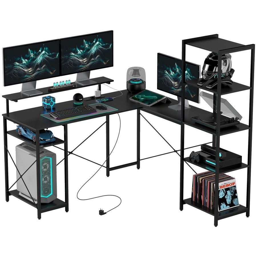 HOMCOM Schreibtisch, L-förmiger Computertisch 137 x 140 x 139,5 cm Eckschreibtisch mit 6 Ablagen, Bürotisch mit Monitorständer, USB, Steckdose, für Homeoffice, Büro, Schwarz   Aosom von HOMCOM