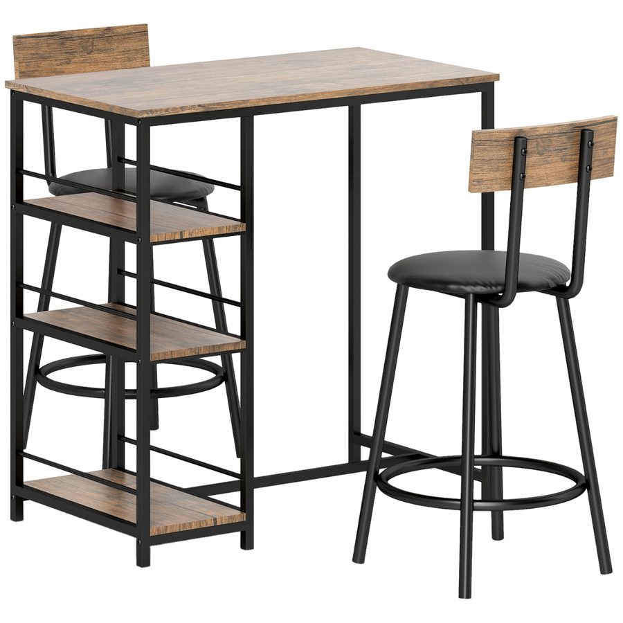 HOMCOM Bartisch mit Barhocker Set, 3-tlg. Bartisch-Set mit Küchentisch, 3 Ablagen, 2 Barstühlen, im Modern-Stil, Essgruppe für Esszimmer, Küche, Stahl, Eiche   Aosom von HOMCOM