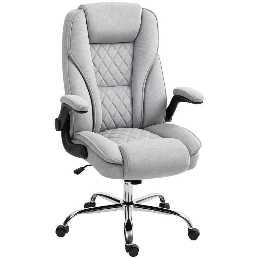 HOMCOM Bürostuhl, ergonomischer Bürostuhl mit breiter gepolsterter Sitzfläche, höhenverstellbar, hochklappbare Armlehnen, hoher Rücken, 360° drehbar, samtiger Stoff, bis 135 kg belastbar, grau   Aosom von HOMCOM