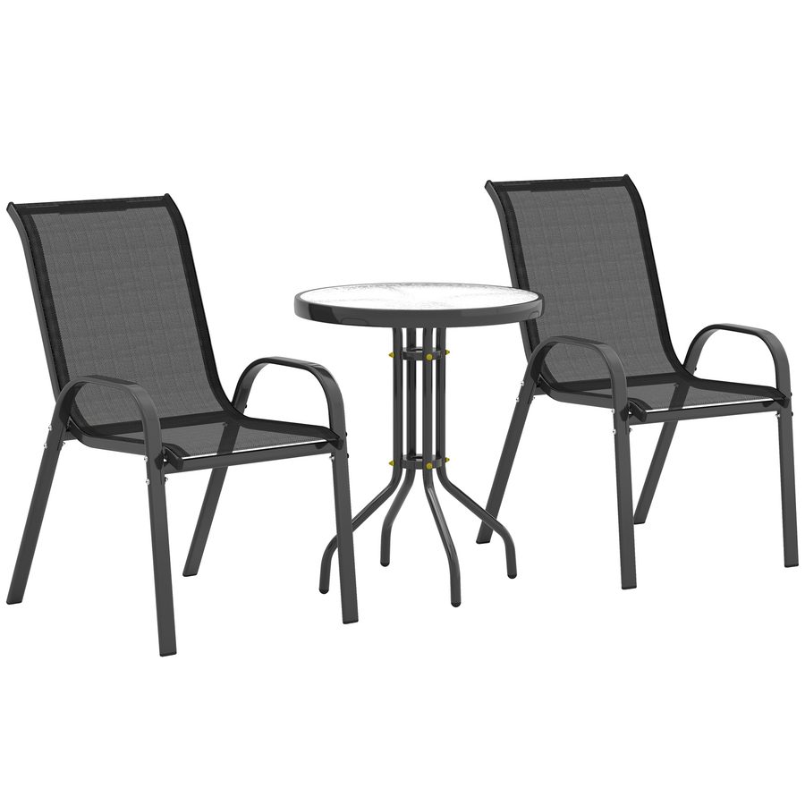 Outsunny Bistro-Set 3-teilig Wetterfest Gartenmöbel Set mit Glastisch Stapelbare Gartenstühlen Outdoor Balkonmöbel Set Sitzgruppe Balkonset Gartengarnitur Schwarz   Aosom von Outsunny