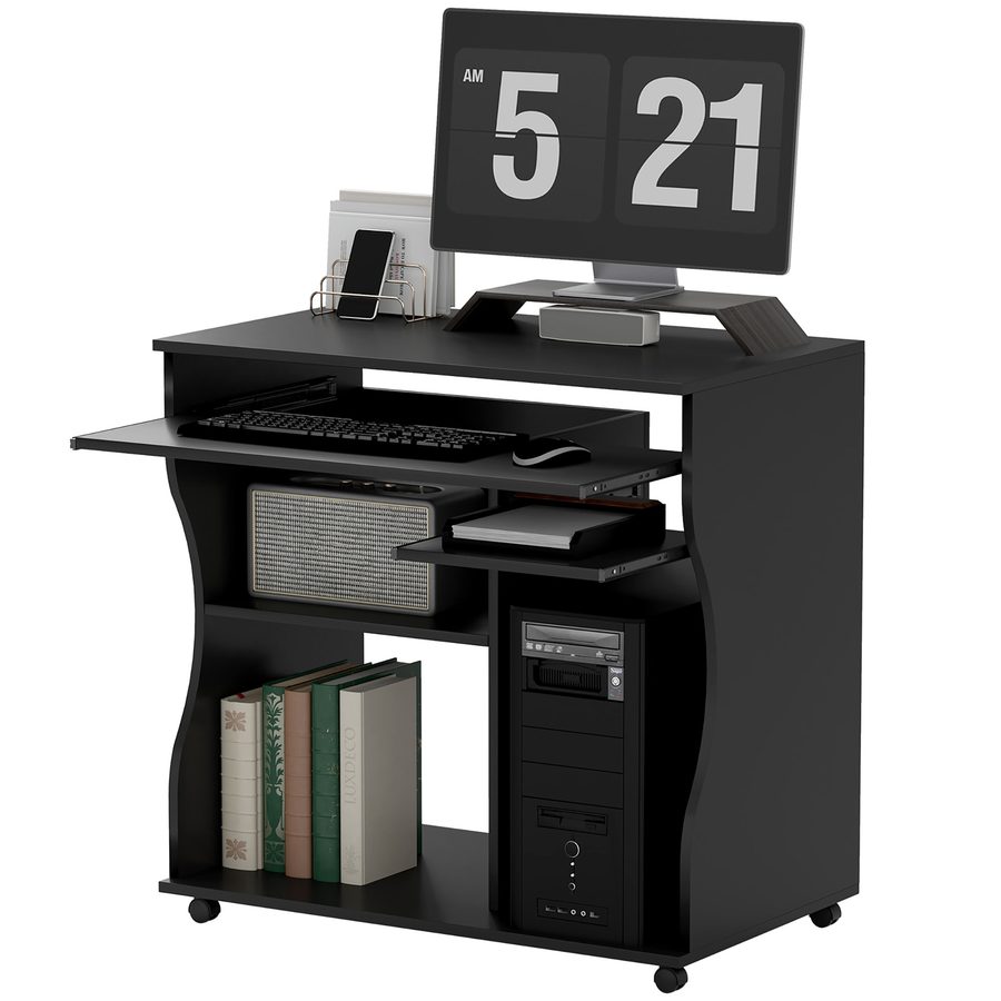 HOMCOM Computertisch Schreibtisch mit Rollen Bürotisch mit Tastaturablage， Ablage, PC Tisch Schwarz 80 x 48 x 75 cm   Aosom von HOMCOM