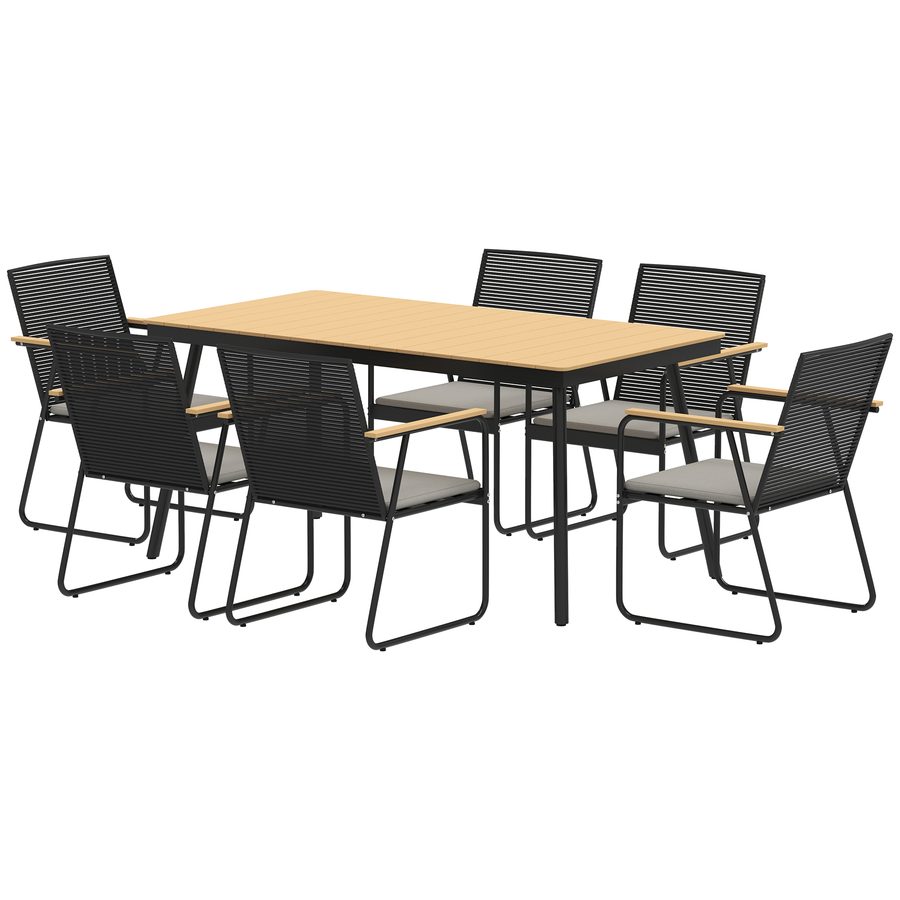 Outsunny Sitzgruppe 7-teilig Metall Essgruppe für 6 Personen Esstisch mit Tisch 6 Stühlen Esszimmergruppe Küchentisch-Set mit Metallgestell Balkonmöbel Gartenmöbel für Terrasse, Balkon Naturholz   Aosom von Outsunny