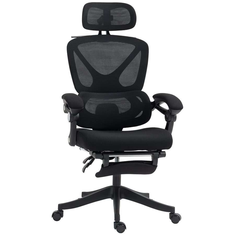 HOMCOM Ergonomischer Bürostuhl mit verstellbarer Kopfstütze, neigbarer Mesh-Bürostuhl, geteilte Rückenlehne, synchronisierte Armlehnen, höhenverstellbar, Lendenstütze, Fußstütze, Schwarz   Aosom von HOMCOM