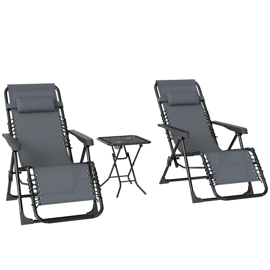 Outsunny Sonnenliege 2er Set klappbar Zero Gravity Liegestuhl mit abnehmbaren Kopfstützen Beistelltisch inklusive 2 Getränkehalter, Extra Breit Gartenliege Relaxliege für Garten Terrasse Pool Grau   Aosom von Outsunny