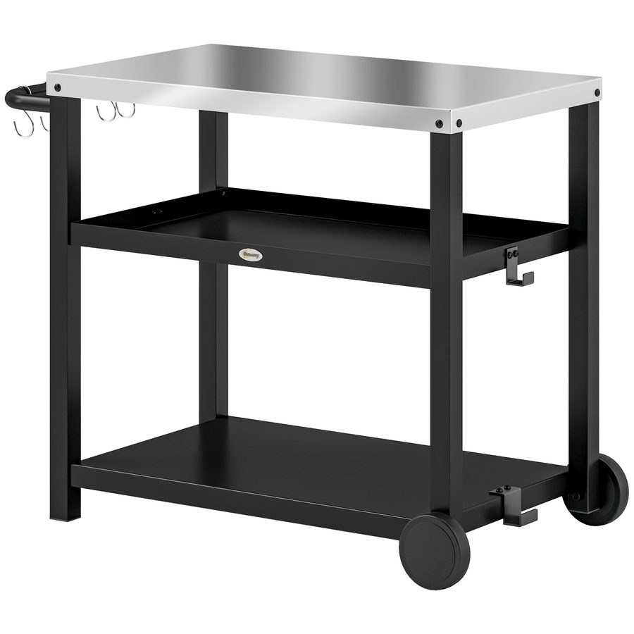 Outsunny Grillwagen 3-Etagen Servierwagen mit Arbeitsfläche Ablagen Haken Räder, Edelstahl BBQ Grilltisch, Grill Beistelltisch, Outdoor Rollwagen, Holzkohlegrill für Garten Grill 102x50x81cm Kohlegrau   Aosom von Outsunny