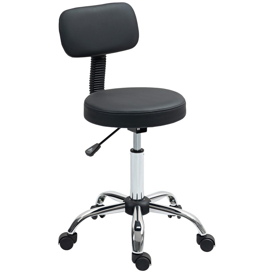 HOMCOM Rollhocker Höhenverstellbarer Drehhocker mit Lehne, Drehbarer Arbeitshocker Salon Hocker mit Rädern Kunstleder Schwarz 46 x 51 x 78-93 cm   Aosom von HOMCOM