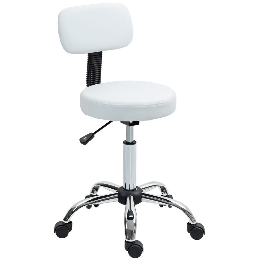 HOMCOM Drehbarer Hocker mit Rollen, Arbeitshocker mit abnehmbarem Rücken, höhenverstellbar, Kunstlederbezug, für Büro, Schlafzimmer, Weiß   Aosom von HOMCOM