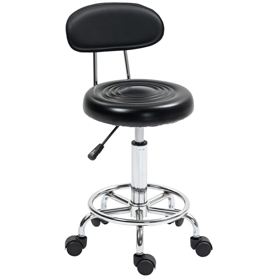 HOMCOM Rollhocker höhenverstellbar Drehhocker Drehbar Salon Hocker mit Lehne, Rädern, Arbeitshocker mit Verstellbarer Fußstütze für Büro, Kunstleder, 32 x 40 x 70-86 cm, Schwarz   Aosom von HOMCOM