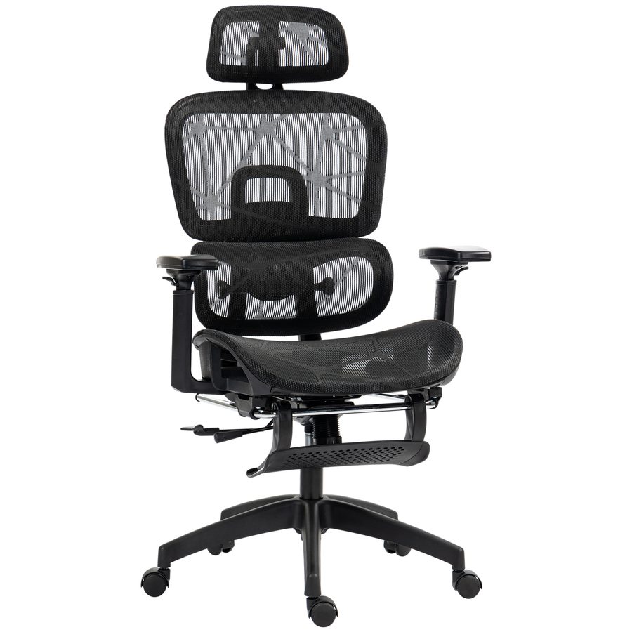 HOMCOM Bürostuhl Ergonomischer Schreibtischstuhl mit Armlehne, Kopfstütze, Lendenwirbelstütze, Höhenverstellbarer Mesh Drehstuhl mit Wippfunktion, Liegefunktion, Fußstütze Schwarz   Aosom von HOMCOM