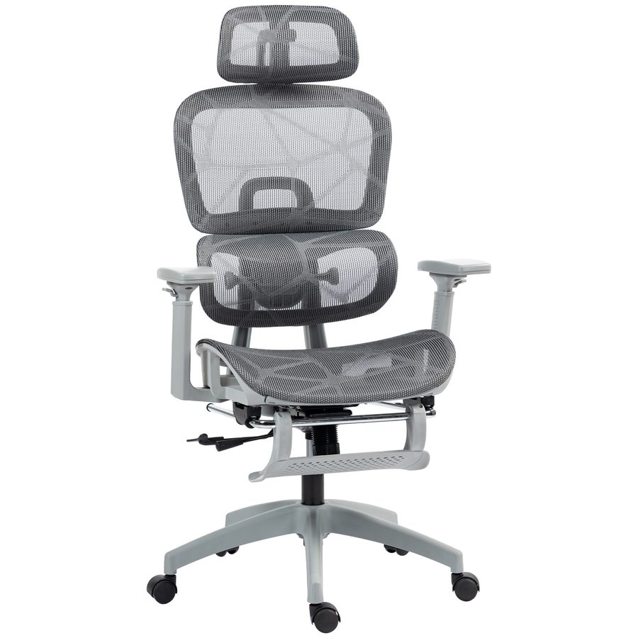 HOMCOM Bürostuhl mit Wippfunktion Liegefunktion Ergonomisch Schreibtischstuhl mit 4-fach verstellbar Rückenlehne Höhenverstellbarer Drehstuhl mit klappbar Armlehnen Kopfstütze Lendenwirbelstütze Grau   Aosom von HOMCOM