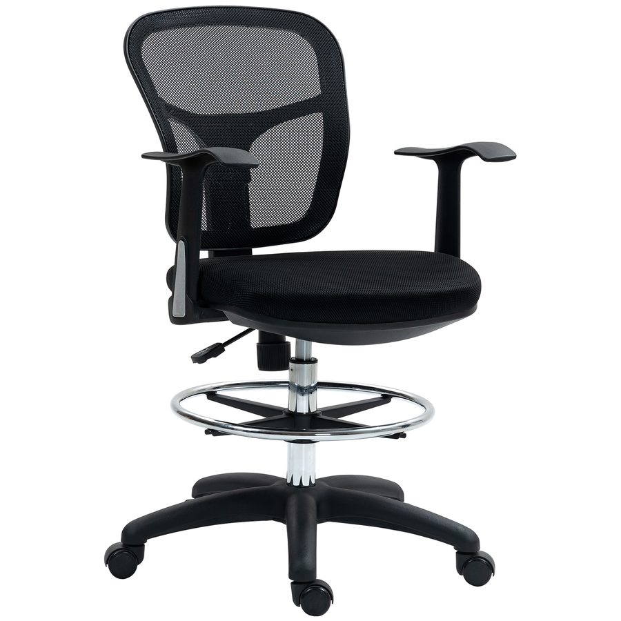 HOMCOM Bürostuhl mit Fußring und ergonomischer gekrümmter Rückenlehne, ergonomischer Stuhl aus Polyester, Schaumstoff und Kunststoff, höhenverstellbar, 55x58x94 cm, Schwarz   Aosom von HOMCOM