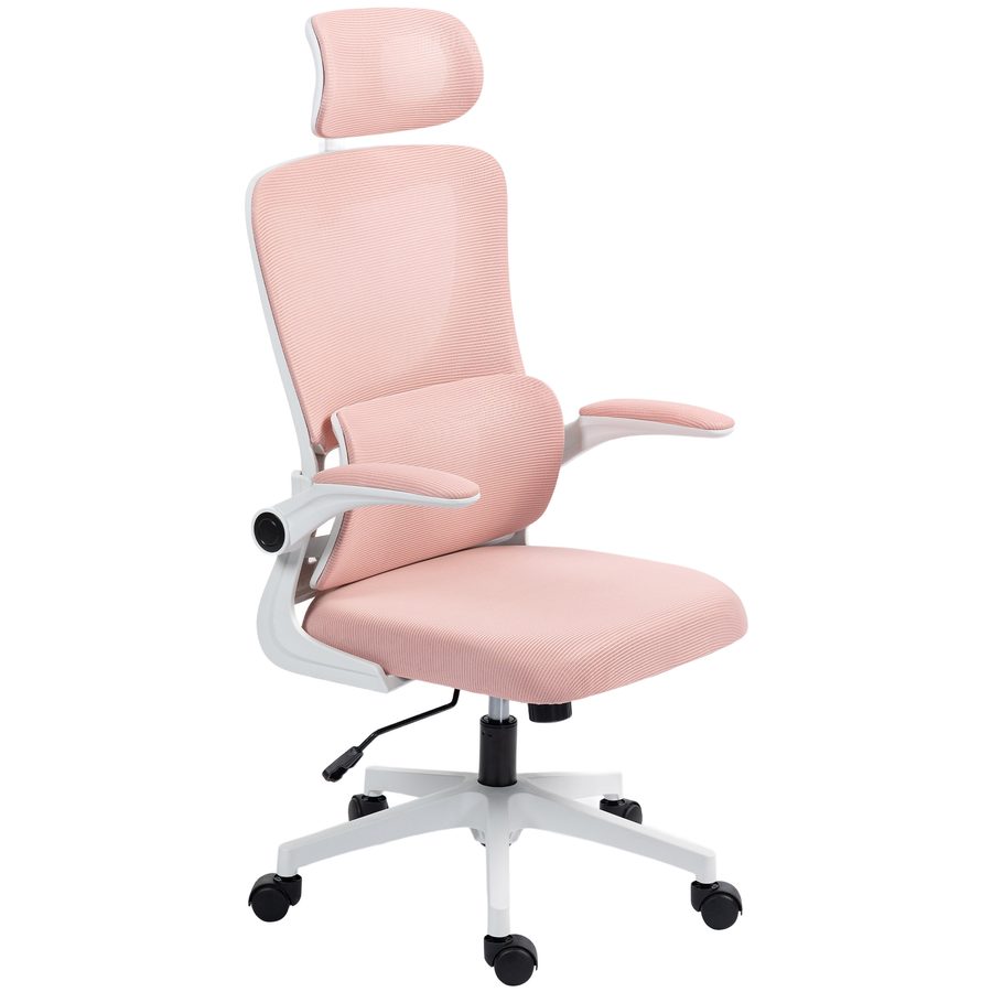 Vinsetto Ergonomischer Bürostuhl mit Lordosenstütze, Klappbare Armlehnen, Verstellbare Kopfstütze, Drehbarer Neigbarer Schreibtischstuhl mit Hoher Rückenlehne, Höhenverstellbar in Netzstoff, Rosa   Aosom von Vinsetto