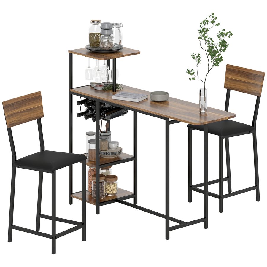 HOMCOM Bartisch mit Barhocker Set, 3-tlg. Bartisch-Set mit Klappbar Küchentisch, Weinglashalter Weinregal Ablage 2 Barstühlen, Stahlrahmen, im Modern, Essgruppe für Esszimmer, Küche, Braun   Aosom von HOMCOM