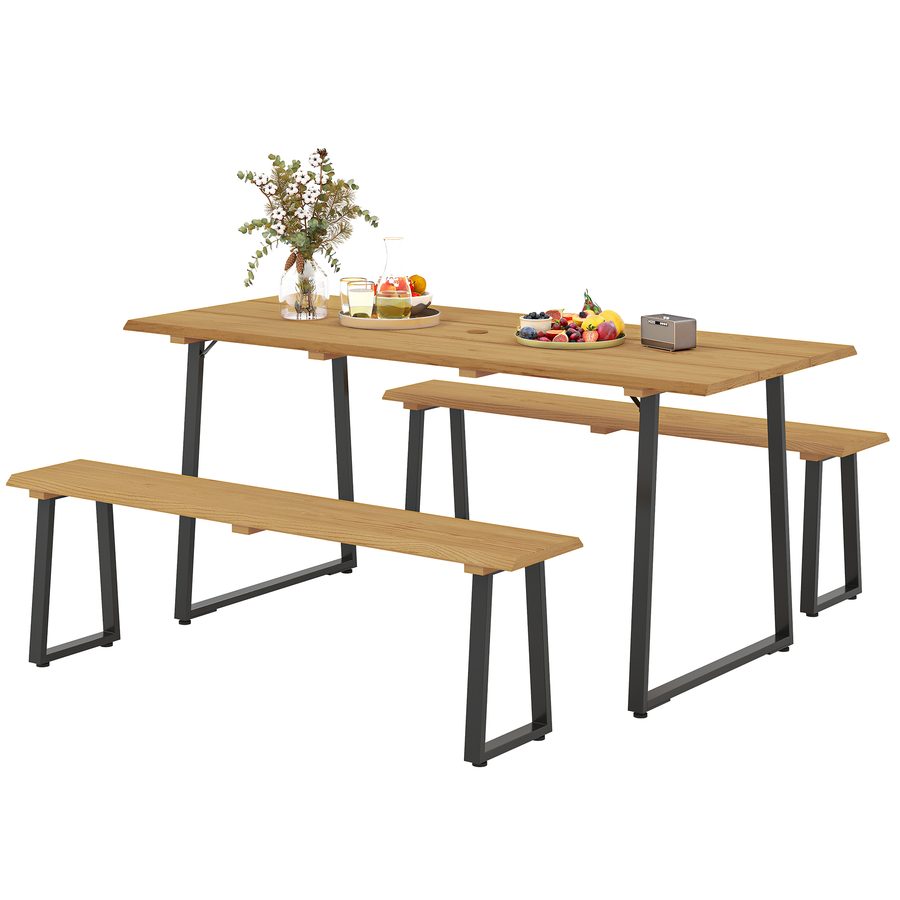 Outsunny Sitzgruppe 3-teilig Holz Essgruppe für 6 Personen Esstisch mit 2 Bänke Schirmloch Esszimmergruppe mit Holztisch Küchentisch-Set Balkonmöbel Gartenmöbel für Terrasse, Balkon Naturholz   Aosom von Outsunny
