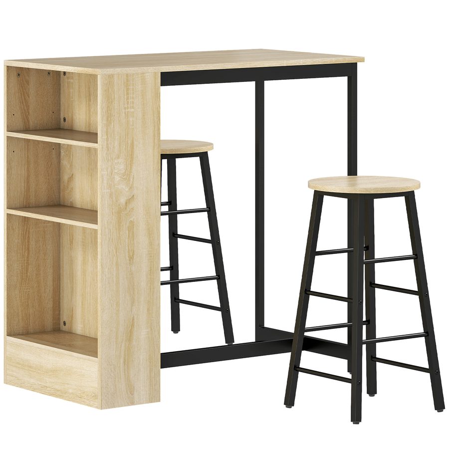 HOMCOM Bartisch mit Barhocker Set, 3-tlg. Bartisch-Set mit Küchentisch, Stauraum, 2 Hocker, Fußstützen, im Modern-Stil, Platzsparend Essgruppe für Esszimmer, Küche, Stahl, Eiche   Aosom von HOMCOM