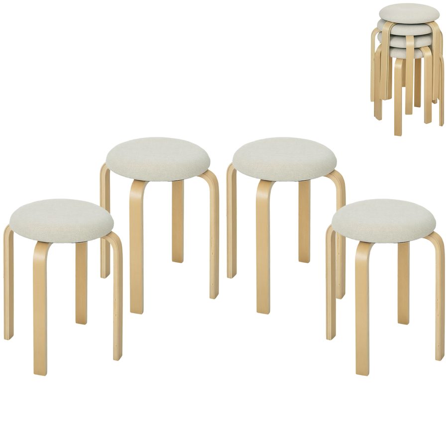 HOMCOM 4er Set Esszimmerhocker Stapelhocker Runde Hocker, Küchenhocker mit Leinenoptik, Polsterhocker für Esszimmer, Wohnzimmer, Küche, Cremeweiß   Aosom von HOMCOM