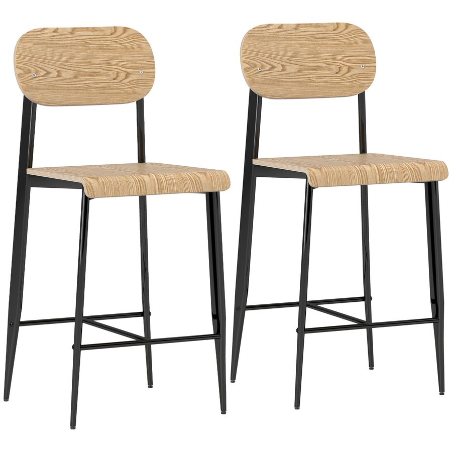 HOMCOM Barhocker 2er Set, Barstuhl mit Fußstütze, Metallgestell, Küchenstuhl mit Sitzhöhe 66 cm, Tresenhocker einfache Montage, Industrie-Design Naturholz+Schwarz   Aosom von HOMCOM
