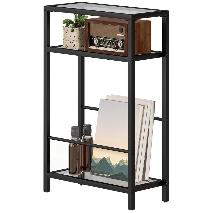 HOMCOM Beistelltisch kleiner Couchtisch mit 3 Ebenen, Tischplatte aus Hartglas, Modernes Nachttisch Sofatisch mit Stahlrahmen für Wohnzimmer, Schlafzimmer, Schwarz   Aosom von HOMCOM
