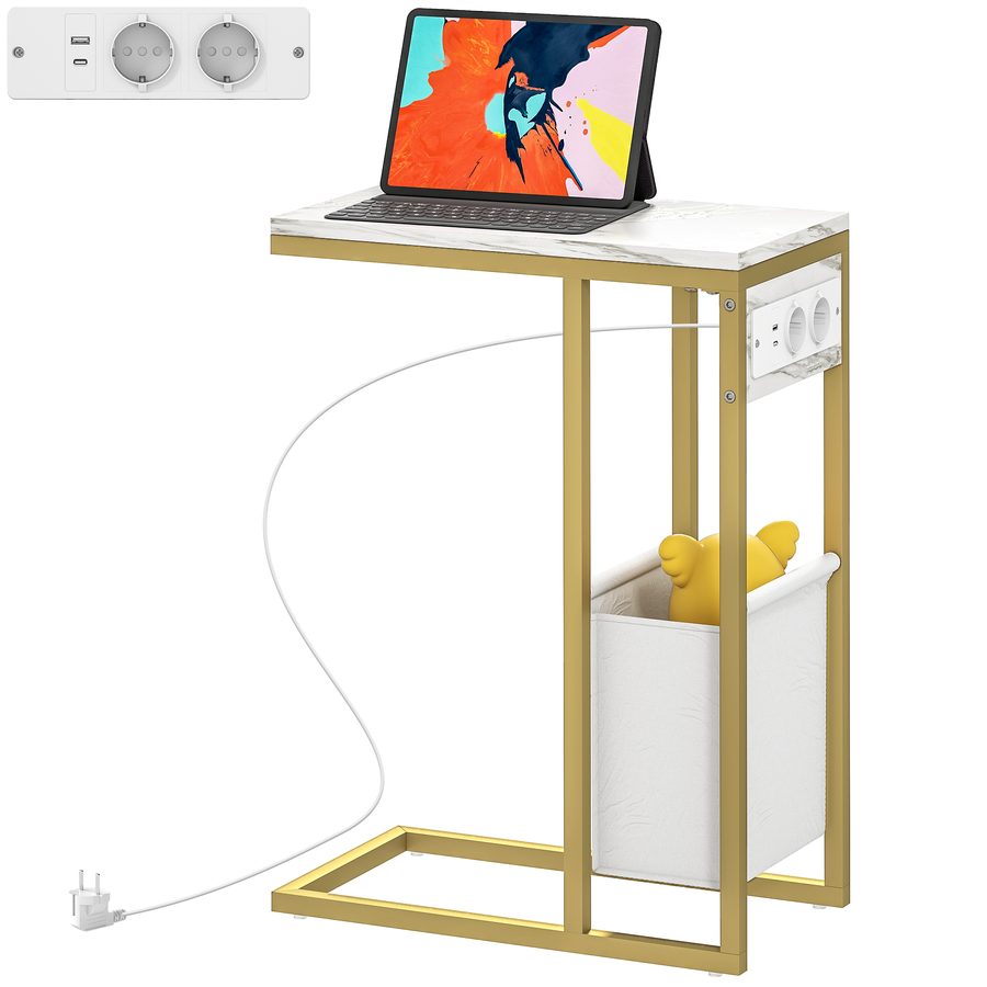 HOMCOM Beistelltisch mit Ladestation, schmaler C-Form Beistelltisch mit Stoffaufbewahrungssack, Marmoroptik-Platte, Stahlrahmen, Couchtisch für Wohnzimmer, Schlafzimmer, 46x25x62,5cm, weiß   Aosom von HOMCOM