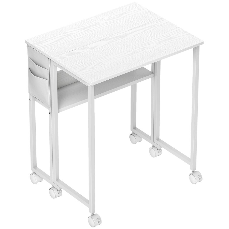 HOMCOM Schreibtisch Klappbar Kleiner 63 cm Klappschreibtisch mit Rollen Platzsparend Computertisch mit Regal, Aufbewahrungstasche, für Home Office, Weiß   Aosom von HOMCOM